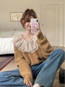 Frauen Pullover Mode Süße Patchwork Rüschen Gestrickte Pullover Frauen Herbst 2023 Koreanische Chic Lose Tops Nische Vintage Lange-sleeve