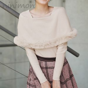 Kadın Sweaters Ninimon Kürk Trim Yakalı Örgü Jumper Bulanık Pelerin Mizaç Örme Külot Katı Sonbahar Kış Slim 230831