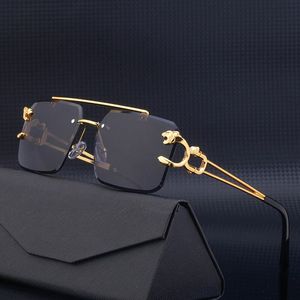 Fashion Metal Leopard Rimless Solglasögon Double Bridges Gradient Ocean Film Shades UV400