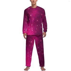 Pijamas masculinos rosa galáxia pijamas estrelas impressão homem manga longa kawaii conjunto 2 peça estética inverno design nightwear presente