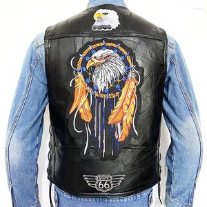 Coletes masculinos motocicleta couro waitcoat bordado colete single-breasted sem mangas jaqueta quatro estações motociclista jaquetas punk veste para homem