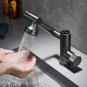 Rubinetti per lavandino del bagno Stile Rubinetti per lavabo con braccio robotico rotante universale Rubinetti per acqua termostatici in ottone con display della temperatura a LED