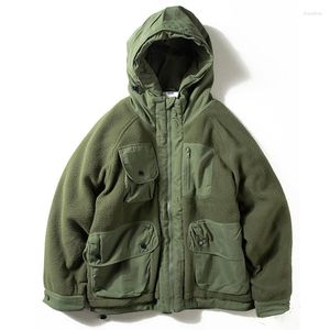 Men's Jackets Hooded Lamb Fleece Splice Jacket Multi Pocket Cargo Cotton Coats Outdoor Windproof Thicken Loose Overcoat For Male