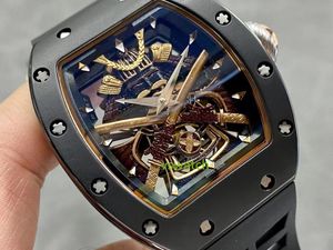 YS Black Knight Tourbillon Watch einteilige Bewegung TZP Schwarzer Keramik Lünette Hohlwahl Sapphire Kristallmaterial Naturkautschukgürtel