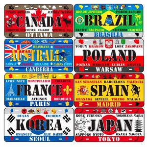 Brasil Coréia Canadá Placa de licença Carro Motocicleta Sinais de metal Bar Café Decoração de casa México Índia Alemanha Pintura de parede Bandeira nacional Sinal de lata Decoração Tamanho 30X20CM w01