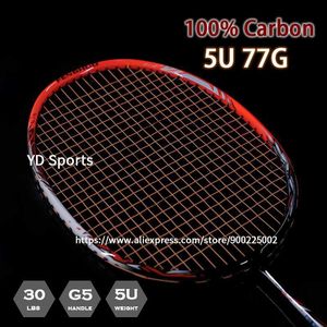 Badminton Raketleri 5U 75G% T700 Karbon Fiber Badminton Raket Ultralight Strung Profesyonel Raket 22-30lbs G4 Hız Spor Yetişkin Q230901