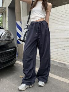 Pantaloni da donna Blu Navy Pantaloni lunghi larghi gamba dritta con tasca Y2k Abbigliamento coreano Pantaloni sportivi con coulisse Pantaloni cargo estivi Harajuku