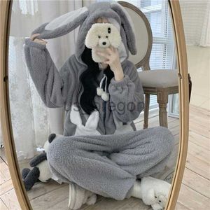 home clothing Bunny Hooded Onesies Women Kigurumi Pajamas Cute Pijama Winter Warm Sleepwear Kawaii Female Nightwear Pyjamas Jumpsuit x0902