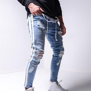 Män stretchiga rippade jeans mager cyklist dragkedja smala fit jeans förstört hål tejpade denim repade högkvalitativ jean278v