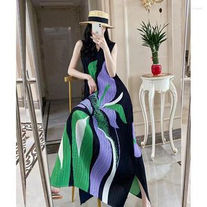 Casual Dresses Color Blocking Printed Vest Long Skirt Pleated Dress