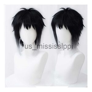 Cosplay Wigs Bungo Bungou Stray Dogs Ryunosuke Akutagawa Short Black With White Wig Heat Resistant Hair Cosplay Costume Wigs Wig Cap x0901