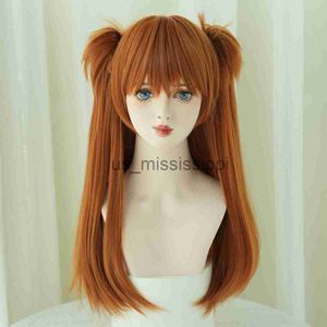 Cosplay Wigs 7JHH WIGS Anime Cosplay Wigs Long Straight Orange Wig with Bangs Costume Synthetic Wig with Clip on Double Ponytails Party Hair x0901