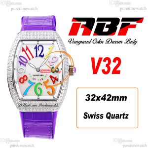 ABF V32 VANGUARD COLOR DREAM SWISSクォーツクロノグラフレディースウォッチレディースダイヤモンドケースモップダイヤルビッグナンバーパープルレザーレディスーパーエディションリロジホンブレ純粋な