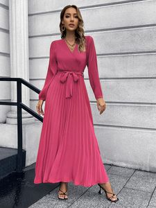 Casual Dresses Summer Pleated Long Dress V-neck Lace Up Clothing High Waist Sexy Evening Party For Girl Solid Color Comfortable Female Wear