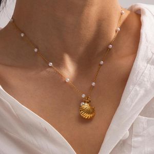 Pendant Necklaces Minar Arrival 18K Gold Plated Stainless Steel Metallic Shell Star Simulated Pearl Choker Necklace For Women Female