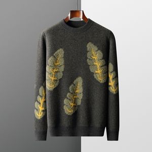 Herrtröjor zocept stickat blad jacquard förtjockad tröja för män vinter 100 merino ull pullover chic England stil rund hals jumper 230831