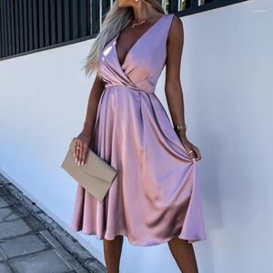 Casual Dresses Women's Solid Holiday Sexy Lady V-Neck Sleeveless Party Dress Summer Elegant Satin Pleated Office Midlength