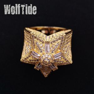 Iced Out CZ Hip Hop Pentagram Star Mens Ring Band Novo personalizado Top Quality Cubic Zirconia Gold Full Diamond Street Rapper Dedo Joias Presentes para Homens Bijoux