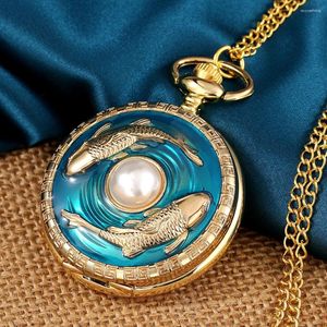 Pocket Watches Retro Double Fish Pearl Watch Turquoise Classical Style Pendant With Chain Luxury Gift For Women Girlfriend Relgio