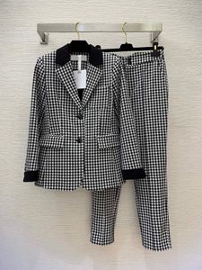 Autumn Black Houndstooth Two Piece Pants Set Long Sleeve Notched-Lapel Paneled Blazers Top High midje långa byxor kostymer Set Two Piece Suits B3G01