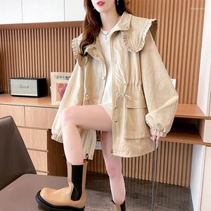Women's Trench Coats Korean Fashion Coat 2023 Spring Autumn Medium To Long Navy Collar Jacket Female Casual Loose Pocket Windbreaker