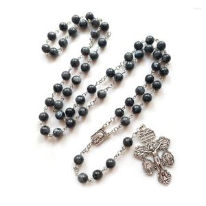 Pendant Necklaces QIGO Cross Rosary Necklace Retro Black Stone Beaded Catholic Pray Jewelry For Men Women