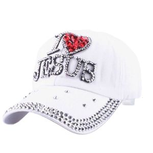 Ball Caps WJ7621 Women denim cloth Artificial stones bling red i love heart Jesus Cotton Baseball 230831