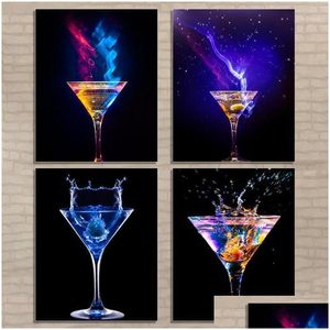 Paintings Blue Light Wine Glass Canvas Poster Bar Kitchen Decoration Painting Modern Home Decor Wall Art Picture Dining Room Decoratio Dhftu