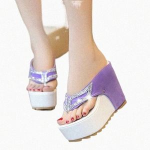 Novas mulheres verão plataforma cunhas sapatos preto roxo sandálias para senhoras bling slides flip flop sapato e850 #