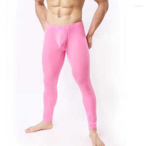 Homens sleepwear 1 pc sexy homens u bolsa convexa legging gelo seda transparente capris apertado bolso pijama respirável calças fx1018