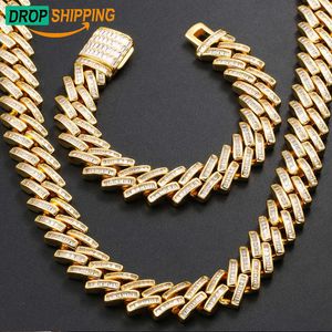 Dropshipping mücevher erkek yüksek kaliteli 14mm 18k altın kaplama pirinç 1 sıra baget cz elmas buzlu Küba bağlantı zinciri kolye