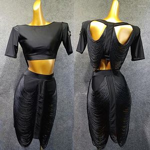 Sahne Giyim Tasarımı Latin Dans Elbise Takım Bayanlar Saçak Siyah Top/Etek Rumba/Kovboy/Samba/Tango Salsa Kadınlar VDB493