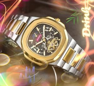 Suç Premium Erkek Kendi Kollama Saati Square Hollow Skeleton Dial Lumious Saat Saati İzle Otomatik Mekanik Hareket İş Günü Tarihi Set Burgu Saati Hediyeler