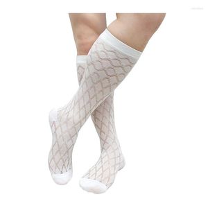 Men's Socks Softy High Tube Mens Business Dress Formal Suit Black White See Through Breathable Quality Sexy Stocking Plaid Fashion