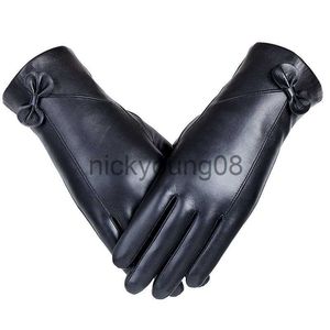 Fünf-Finger-Handschuhe, Designer-Handschuhe für Damen, modisches schwarzes Schaffell-Leder, Fleece innen, Fliege-Handschuh für Damen