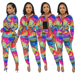 Two Piece Sets Long Sleeve Outfits Women Fashion Print Shirt and Pants Set Free Ship