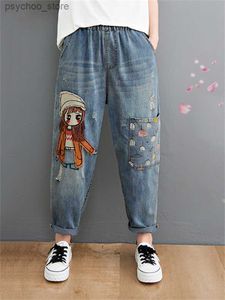 Women's Jeans 6537 Cartoon Litter Girl Embroidery Denim Pants For Women Trendy Hole Casual High Waist Breeches Pockets Mom Harem Blue Jeans Q230901