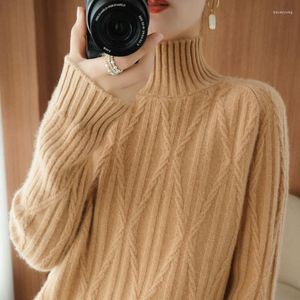 Kvinnors tröjor Knitwears Kvinnors tröja Mujer Pullovers ull Hög krage Kvinnlig ren färgstickning