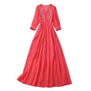 فستان ملون من الخريف الأحمر الصلب 3/4 الأكمام V-رقص الترتر الطويل Maxi Dresses A3Q191340 Plus Size XXL