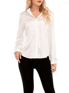 Kadın bluzları Kadınlar Düğme Saten Gömlekler Uzun Kollu V Boyun Düz Renk Klasik Fit Çalışma Ofisi