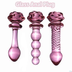 Vibratorer Crystal Glass Anal Butt Plug Vaginal Anus Pärlor Vuxen Dildo för massage Masturbation Rose Flower Sex Toys Män kvinnor 230901