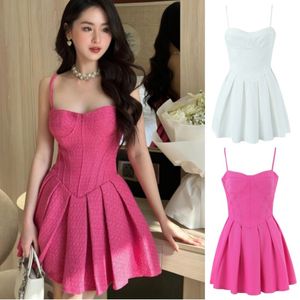 Neue europäische mode frauen rohr top spaghetti strap tweed stoff hohe taille sexy plissiert kurzen kleid SML