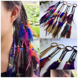 Faixas de borracha de cabelo artesanal bohemia pena com trança contas de madeira meninas hippie corda mistura cores gota entrega jóias hairjewelry dhglu