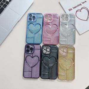 Bling Glitter Heart Love Chromed 6D Casos para iPhone 15 Pro Max 14 Plus 13 12 11 Moda Luxury Soe