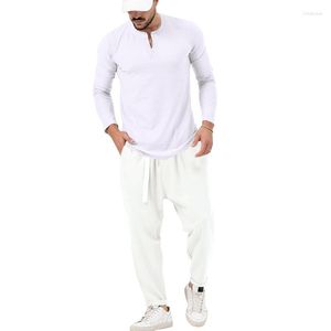 Fatos masculinos 2023 Outono Produto Comércio Exterior Ásia Cor Sólida Casual Manga Longa Henry T-shirt Calças Conjunto