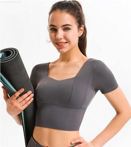 LL-DS42 yoga roupas de fitness de manga curta feminino inverno de alta intensidade reunidos roupas íntimas esportivas com almofadas no peito, verifique a tabela de tamanhos para comprar roupas esportivas