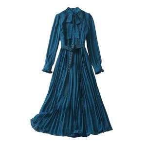 Autumn Blue Solid Color Ribbon Tie Bow Dress Lång ärm Runda nacke veckade MIDI Casual Dresses A3Q191340 Plus Size XXL