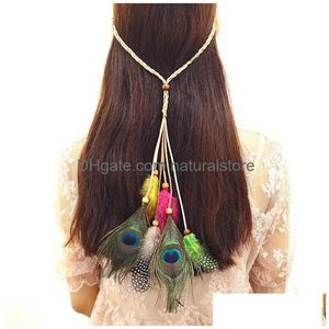 Headbands Girls Hippie Indian Peacock Feather Headband Bohemia Style Fashion Woven Fascinators Head Rope Leopard 5 Styles Wholesale Dr Dhxv7
