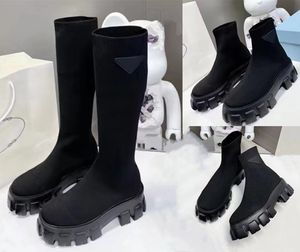 New Cuff Rib Socks Low Heel High Boots Stretch Knit Black Leather Biker Over the Knee Boots Women's Luxury Designer Shoes Factory Shoes withbox