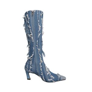 Novo outono inverno botas femininas até o joelho plus size 22-26cm botas de cowboy jeans desgastadas com franjas e salto alto com zíper lateral botas longas para meninas sapatos de festa